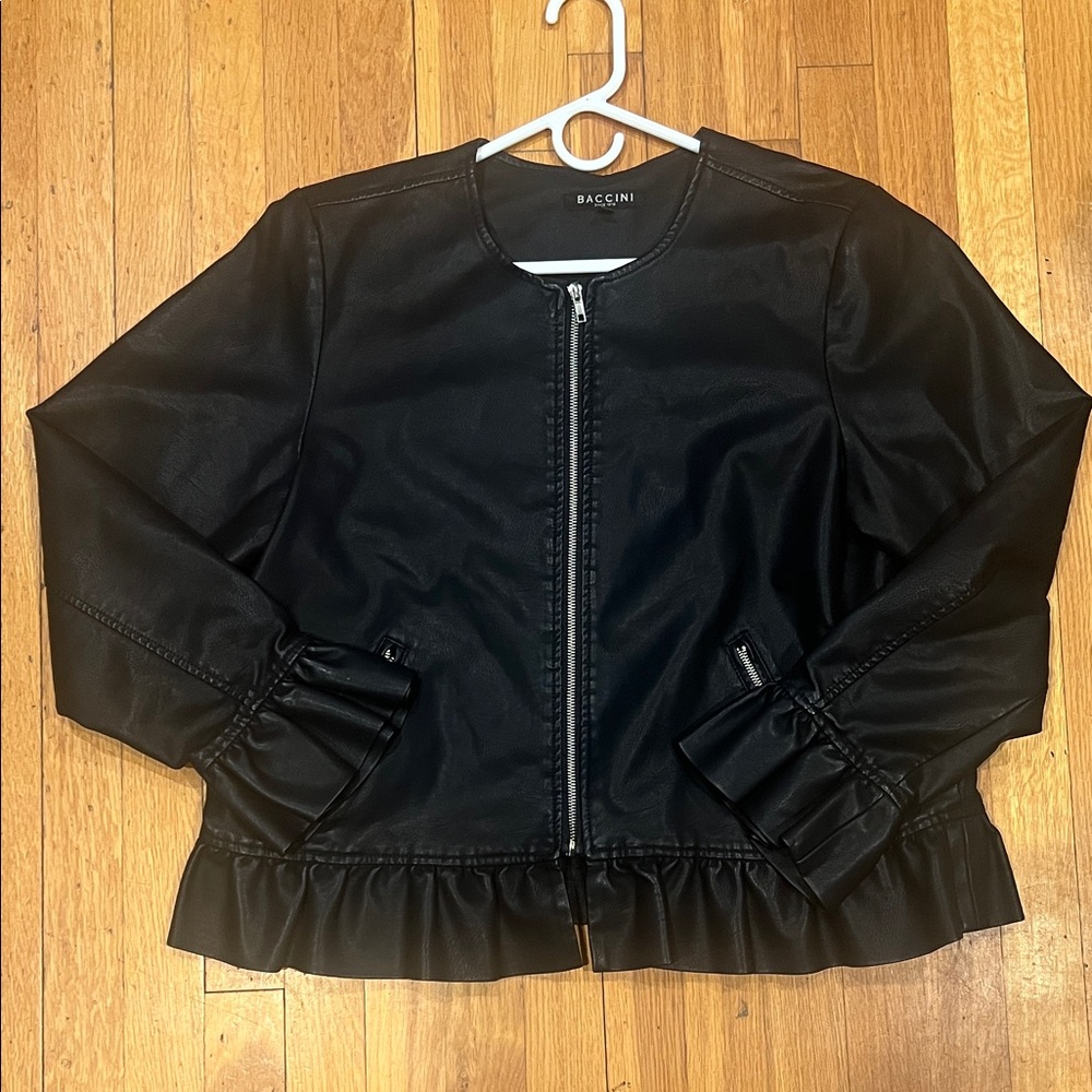 Baccini Black Leather Jacket with Ruffle Hem